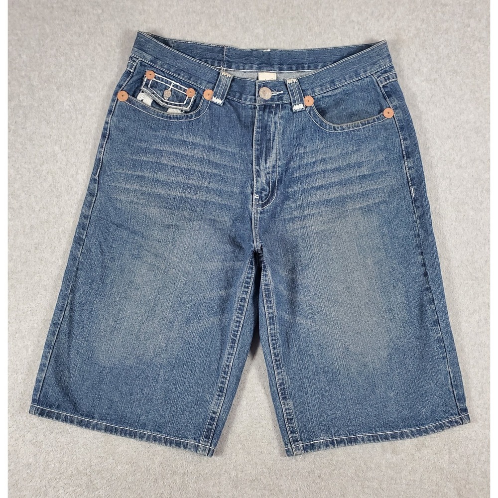 True Religion Joey Super T Men's 38 Embroidered Denim Shorts Jorts Blue (38x15)